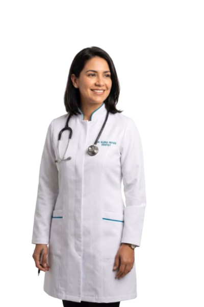 Dra. María González, directora clínica BrightSmile, sonriendo con confianza en consulta moderna
